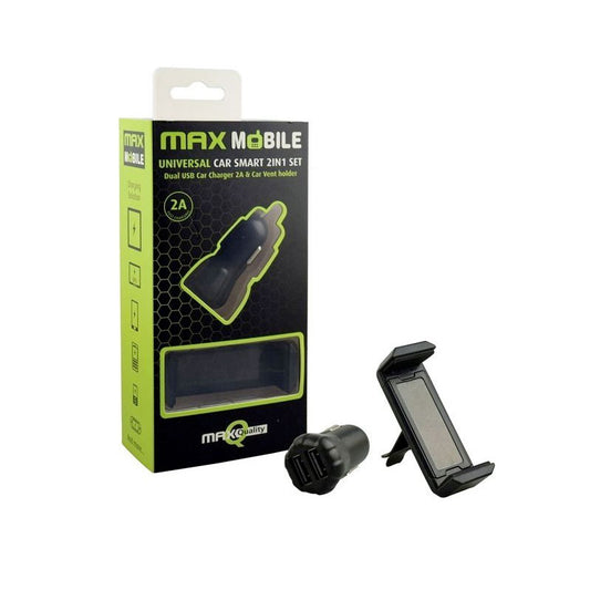 Max Mobile 2in1 szett - Duó USB autós töltő 2A+Autóstartó szellőzőrácsra