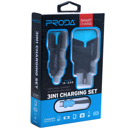 Proda PR-SET3 3 az 1-ben Töltő Készlet (dupla USB-s hálózati és autóstöltő, micro USB kábel)